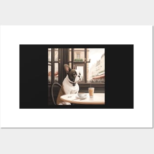 French Bull Dog in a French Bistro Coffee Illustration Posters and Art